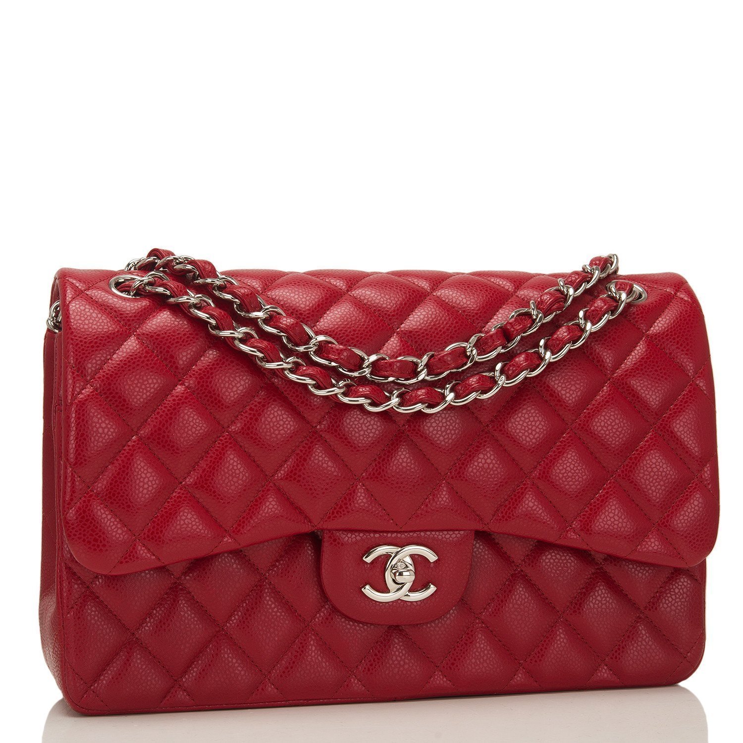 Chanel Classic Double Flap Quilted Caviar Silvertone Jumbo Red  US
