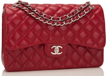 Chanel Classic Double Flap Quilted Caviar Silver-tone Jumbo Red