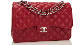 Chanel Classic Double Flap Quilted Caviar Silver-tone Jumbo Red