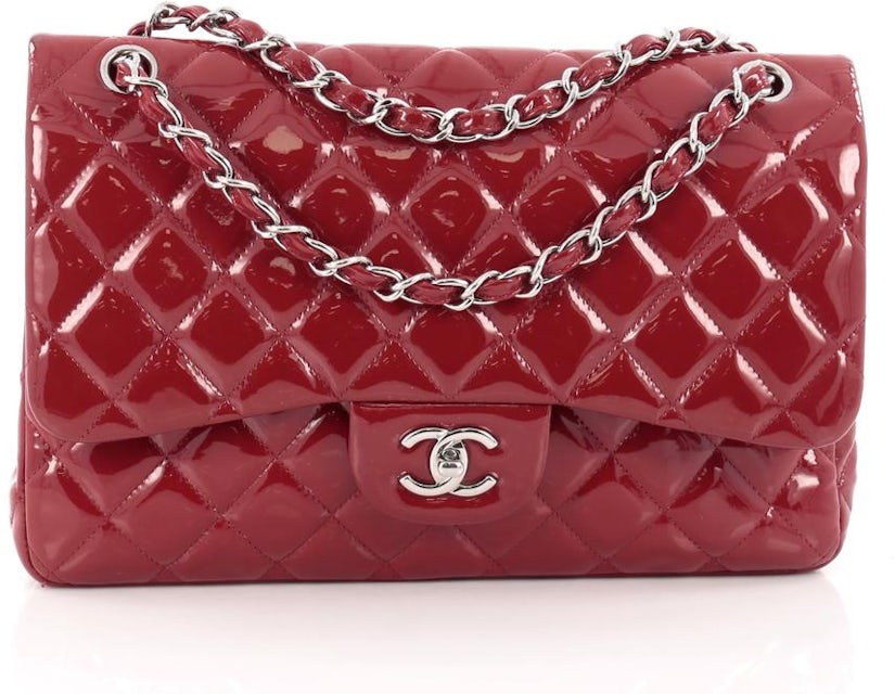CHANEL Patent Quilted Jumbo Double Flap Red 1256132