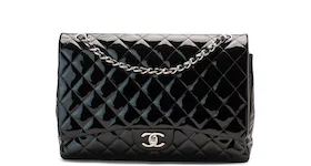 Chanel Classic Double Flap Quilted Patent Leather Silver-tone Maxi Black