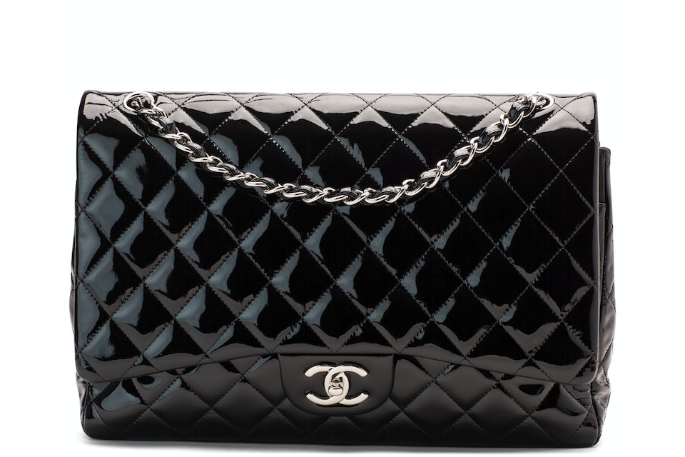 Chanel Classic Double Flap Quilted Patent Leather Silver-tone Maxi