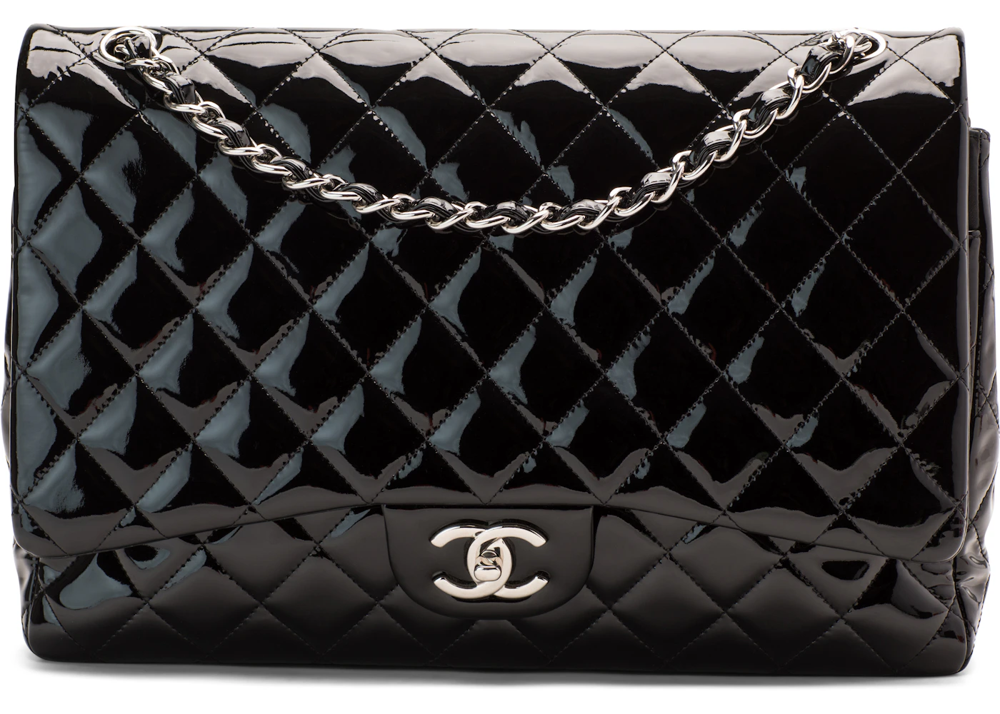 Chanel Classic Double Flap Quilted Patent Leather Silver-tone Maxi