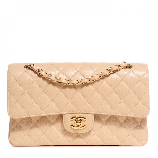 Chanel Classic Double Flap Quilted Caviar Gold-tone Medium Beige