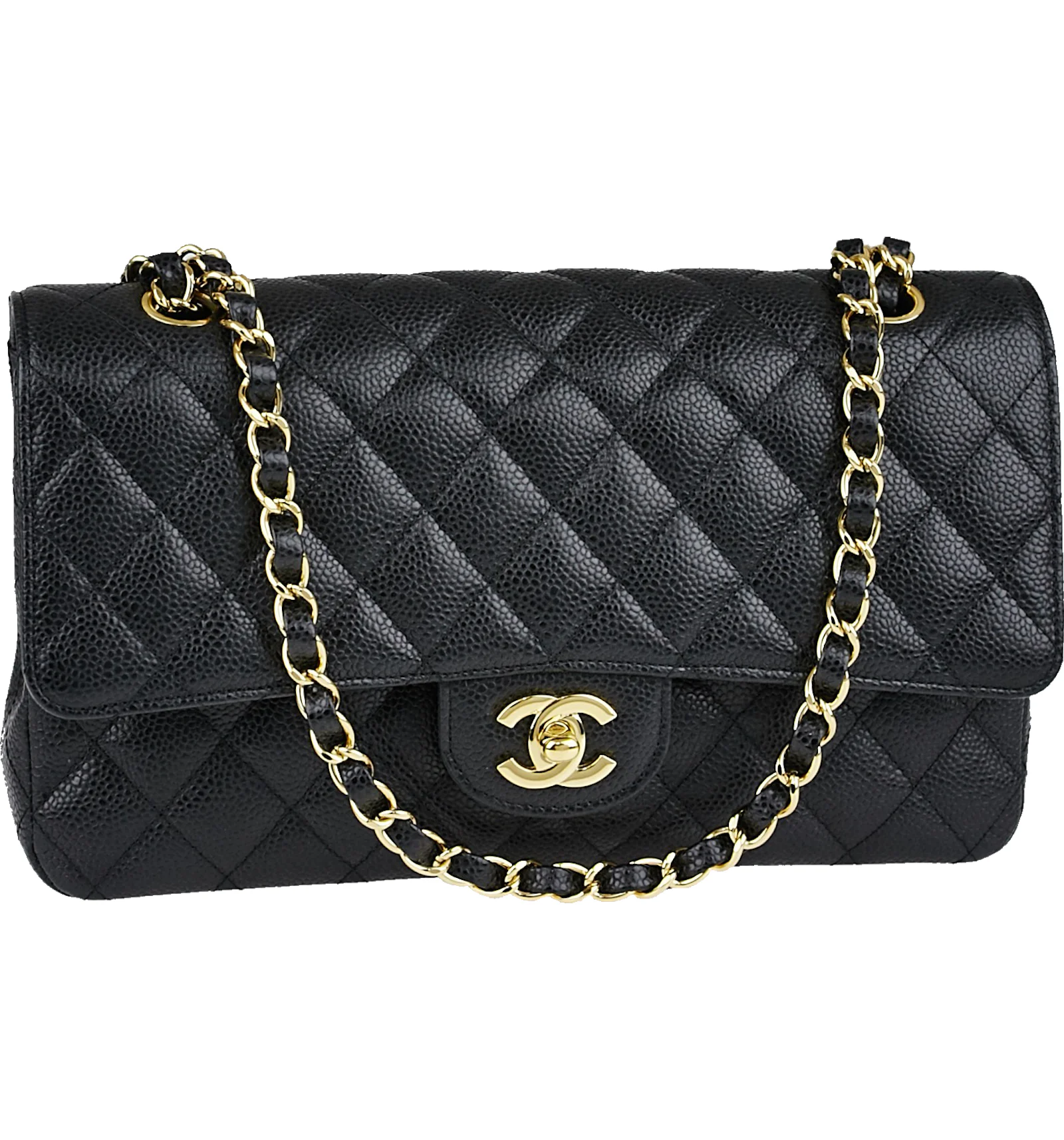 Chanel Classic Double Flap Quilted Caviar Gold tone Medium Black