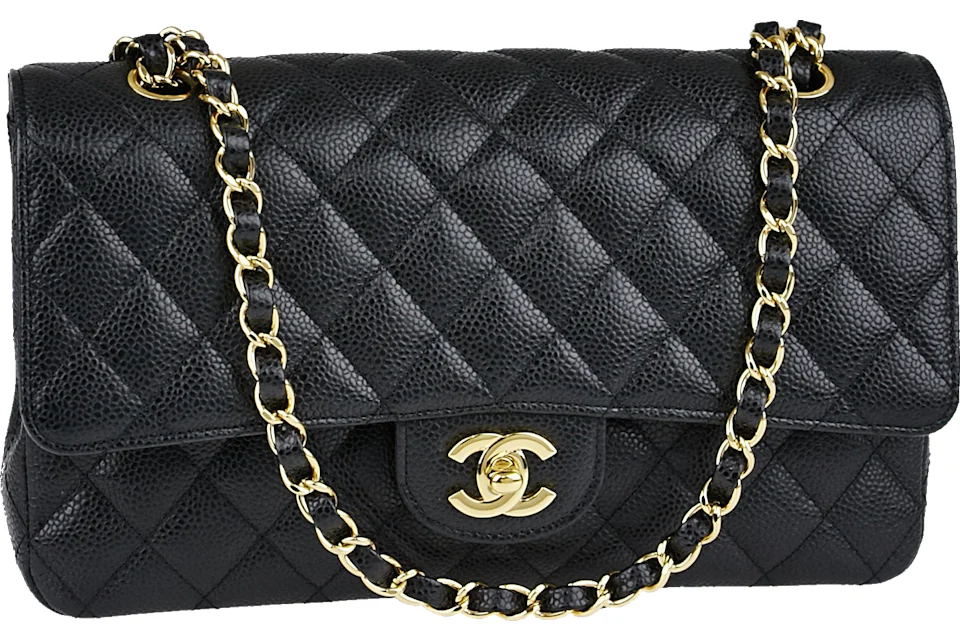 Chanel Classic Double Flap Quilted Caviar Gold tone Medium Black