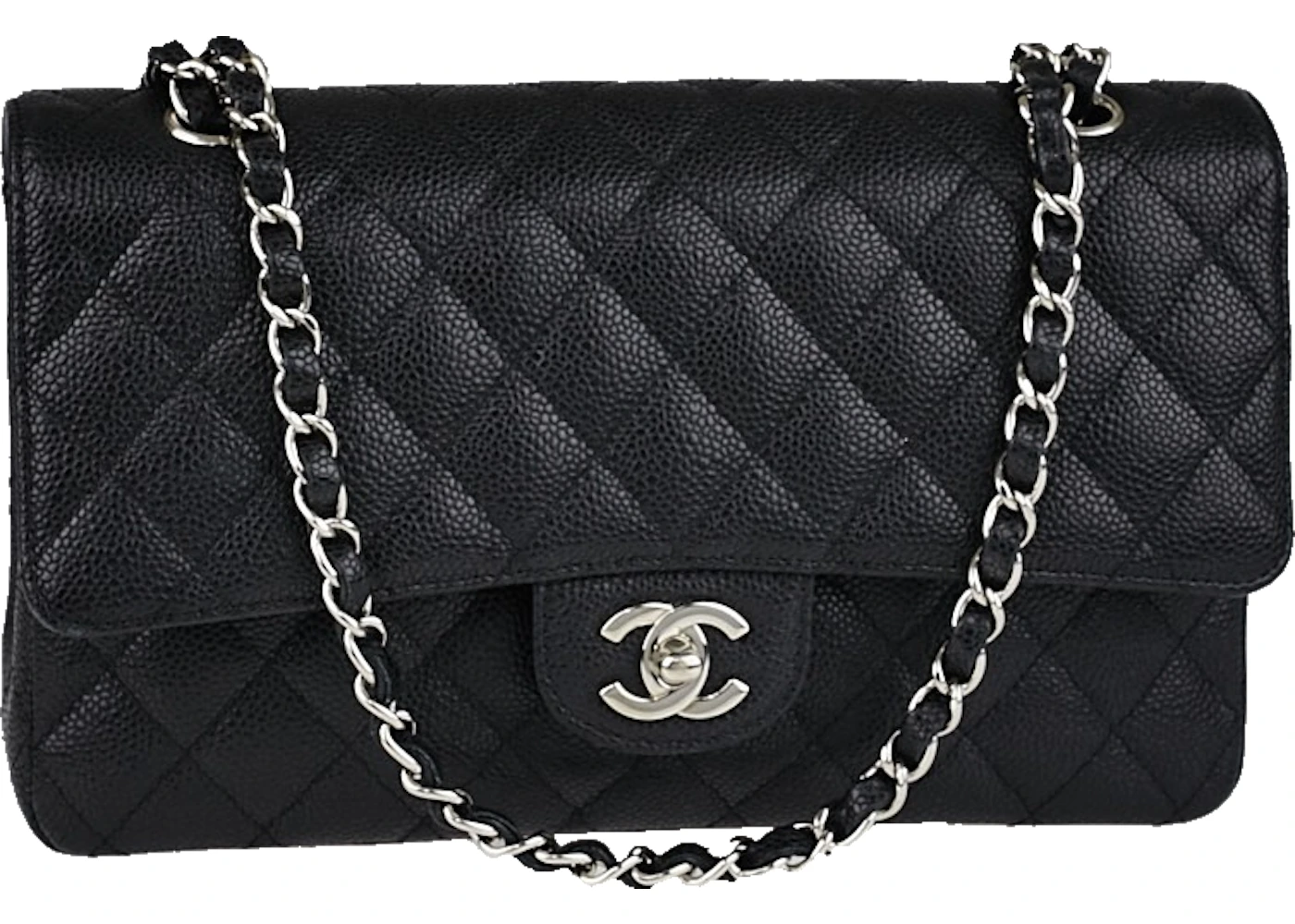 Chanel Classic Double Flap Quilted Caviar Silver-tone Medium Black