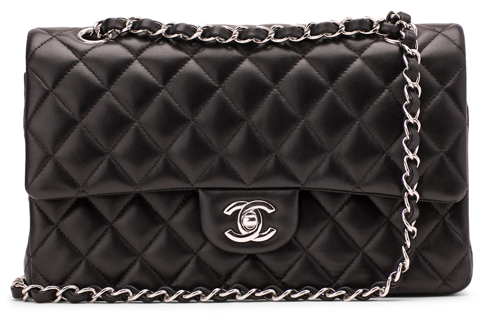 Chanel Classic Double Flap Quilted Lambskin Silver-tone Medium Black - GB