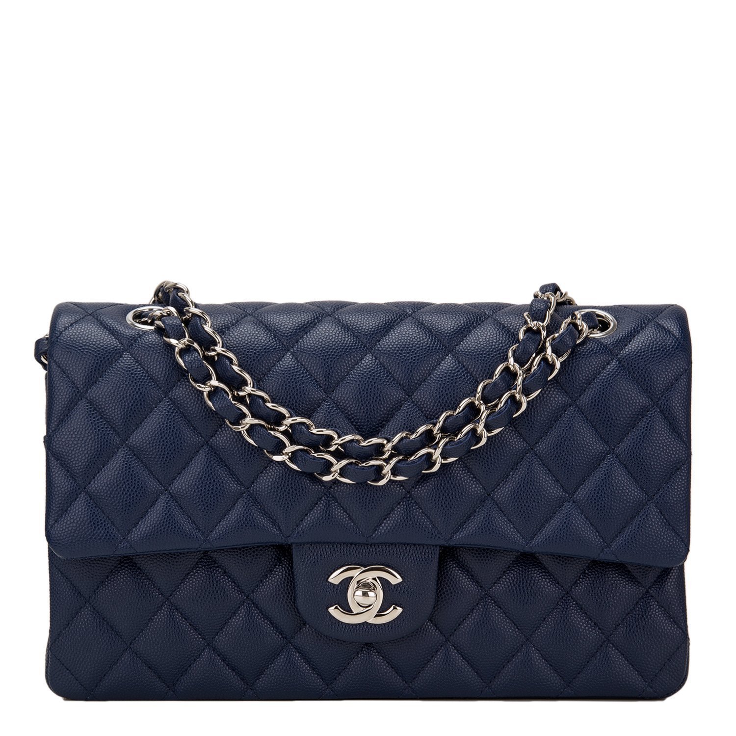 Chanel Classic Double Flap Quilted Caviar Silvertone Medium Navy Blue  US