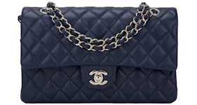 Chanel Classic Double Flap Quilted Caviar Silver-tone Medium Navy Blue