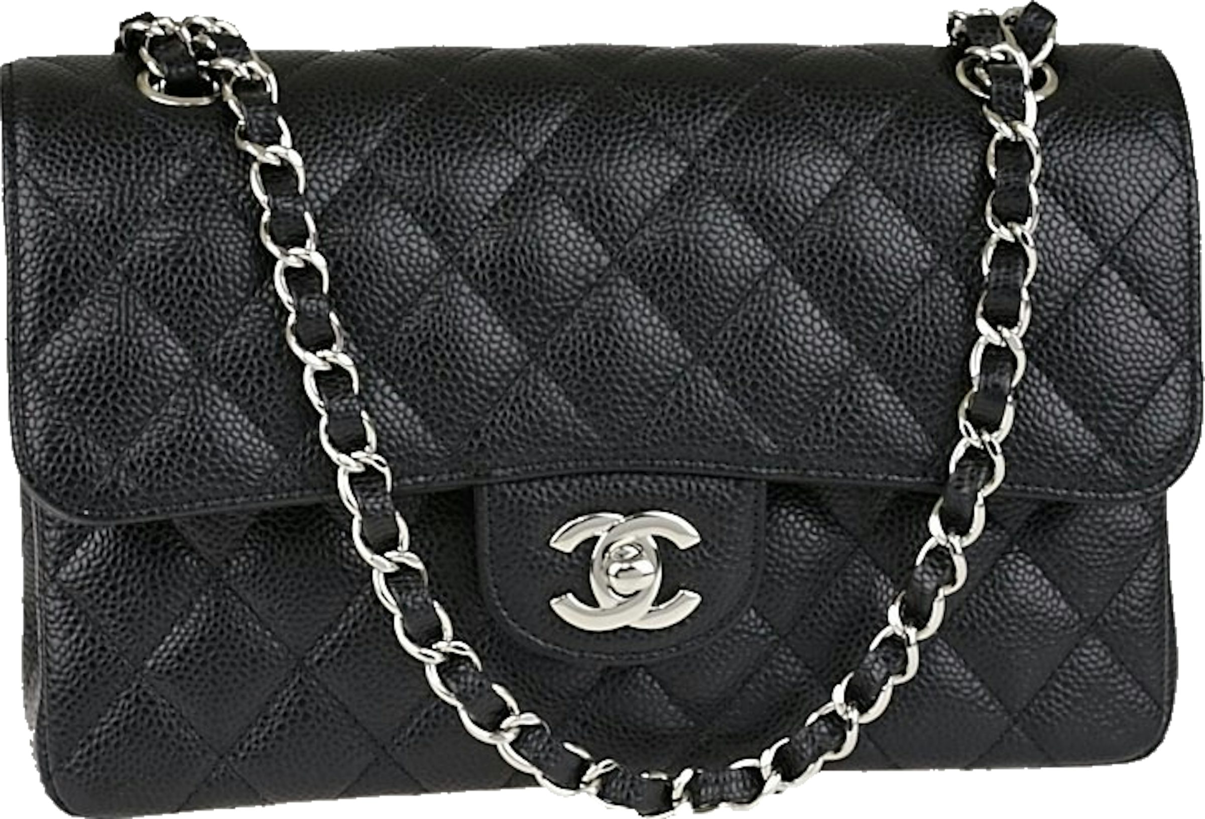 Chanel Black Quilted Caviar Small Classic Double Flap Bag Silver