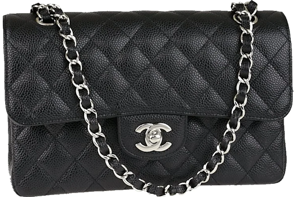 Chanel Classic Double Flap Quilted Caviar Silver tone Small Black