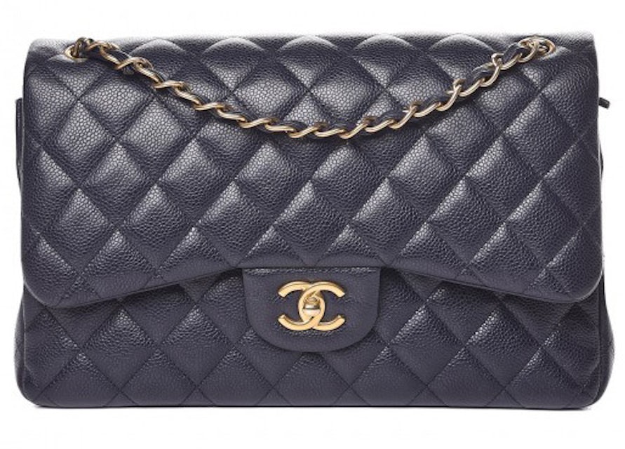 Chanel Classic Double Flap Quilted Caviar Gold-tone Jumbo Navy in