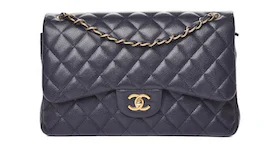 Chanel Classic Double Flap Quilted Caviar Gold-tone Jumbo Navy