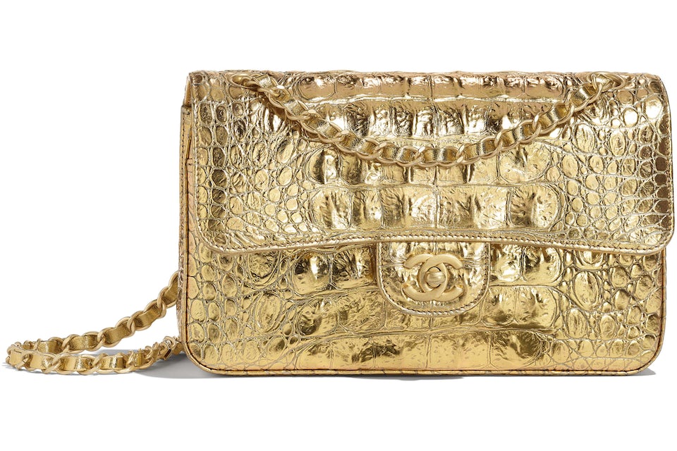 Chanel Classic Handbag Metallic Crocodile Emobssed Calfskin Gold-tone Small  Gold in Calfskin with Gold-tone - US