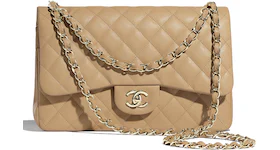 Chanel Classic Handbag Quilted Gold-tone Large Beige