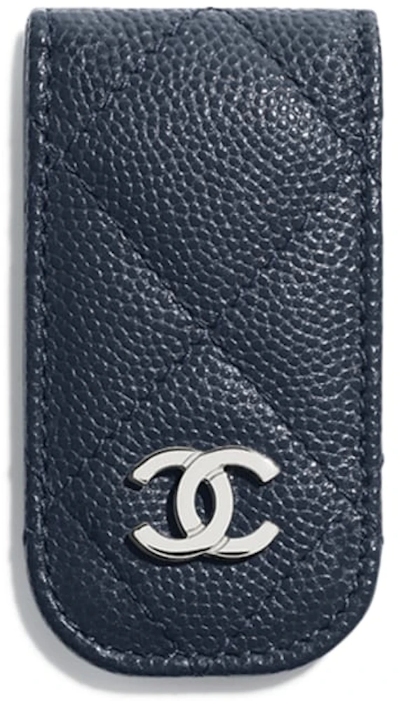 Chanel Classic Money Clip Grained Calfskin Silver-tone Navy Blue