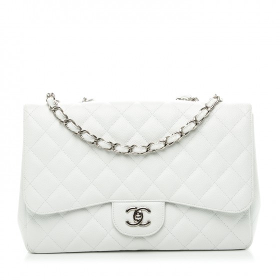 Authentic CHANEL White Caviar Leather Classic Double Flap  Valamode