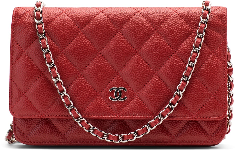 Chanel red caviar leather wallet on chain ( WOC ) with silver