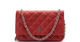 Chanel Classic Wallet on Chain Quilted Caviar Silver-tone Red