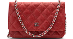 Chanel Classic Wallet on Chain Quilted Caviar Silver-tone Red