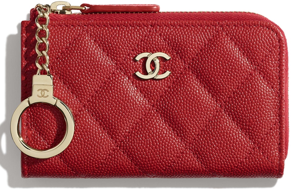 Chanel Classic Zipped Holder Quilted Grained Gold-tone Red in Grained Calfskin with Gold-tone - US