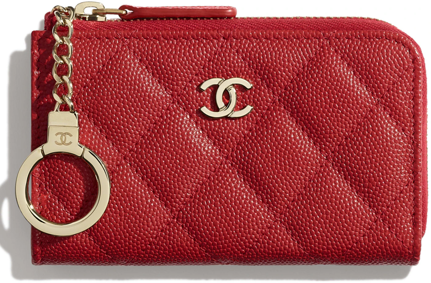 Chanel Classic Zipped Key Holder Quilted Grained Calfskin Gold-tone Red in Grained  Calfskin with Gold-tone - GB
