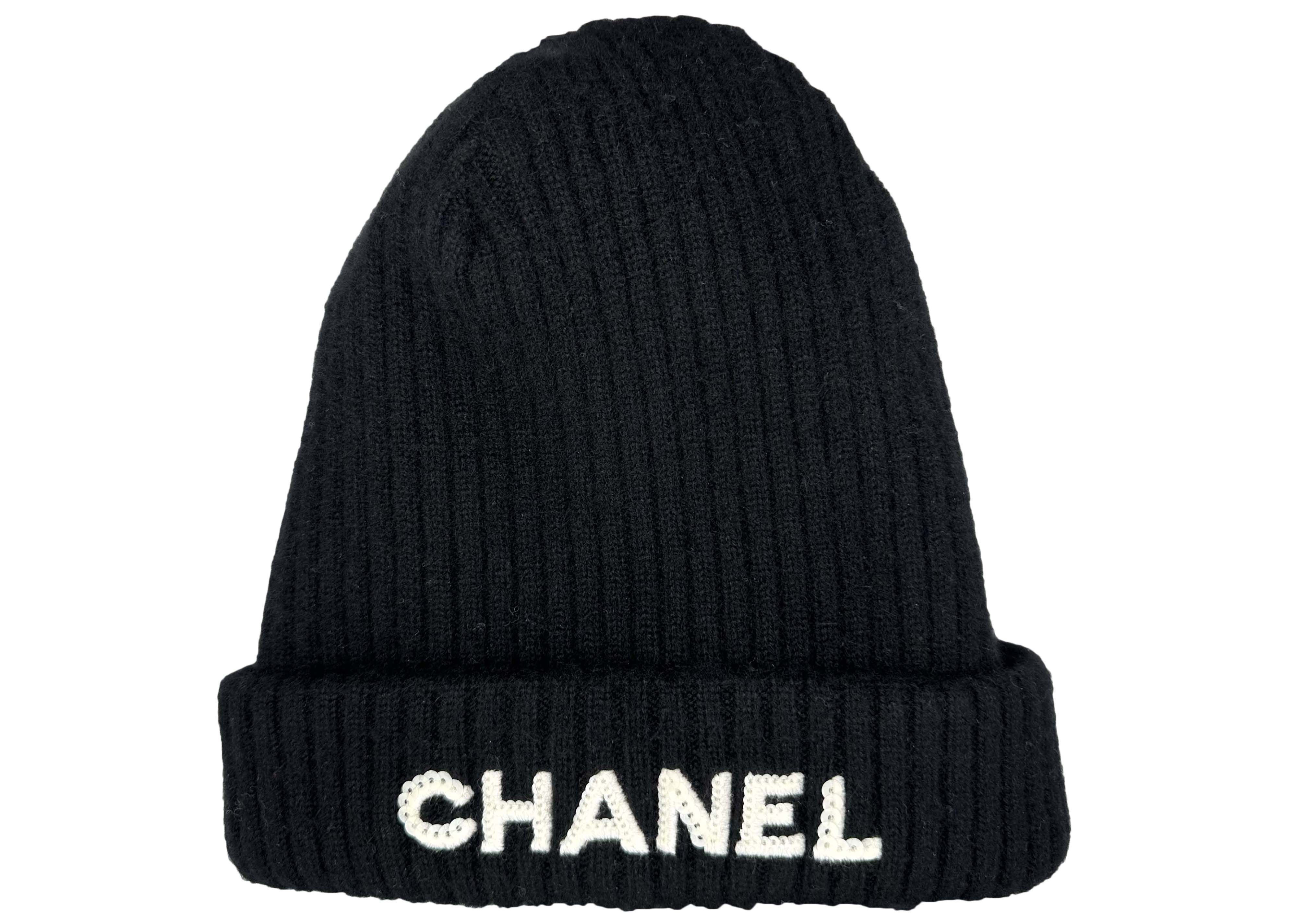 Chanel Cloche White Sequin Letter Logo Beanie AA8446 Black in 