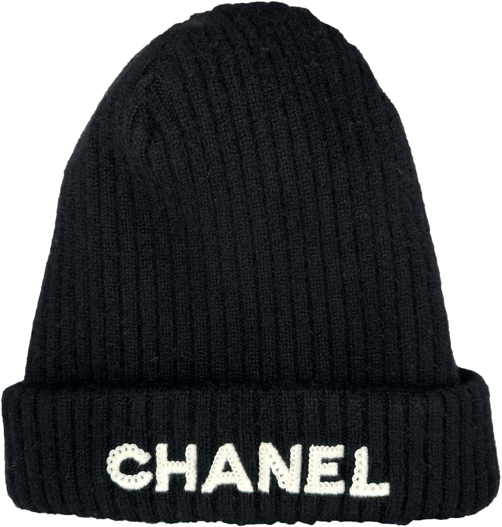 Chanel Cloche White Sequin Letter Logo Beanie AA8446 Black in Cashmere - GB