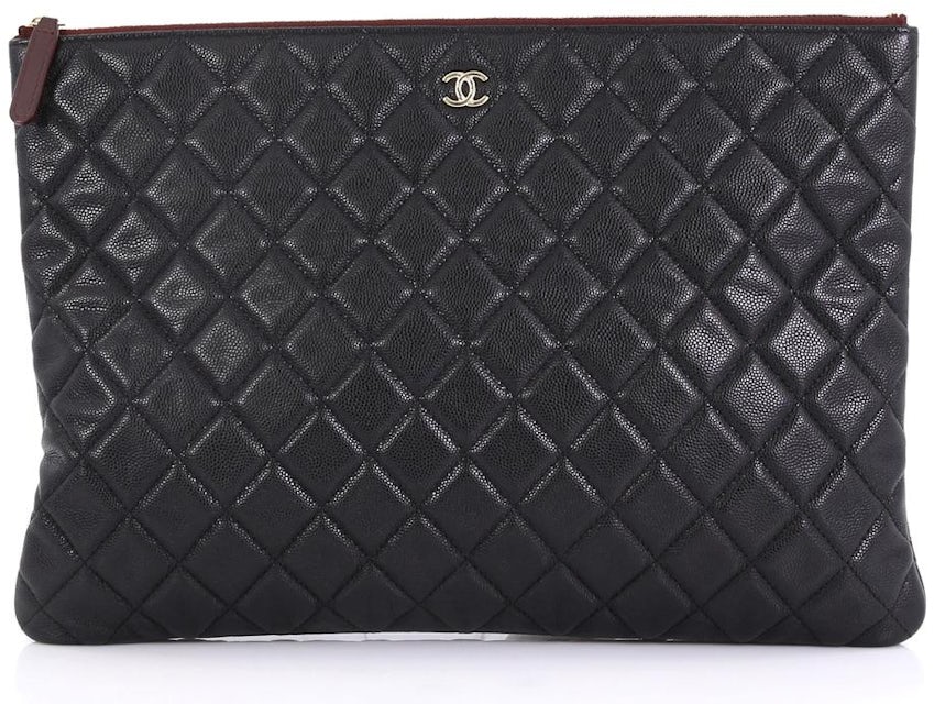 Chanel Beige Clair Quilted Chevron Caviar Leather CC Large O-Case Zip Pouch  For Sale at 1stDibs