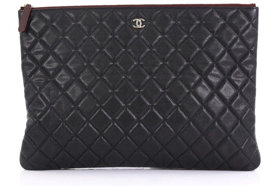 Chanel O Case Clutch Quilted Caviar Large Black in Caviar with