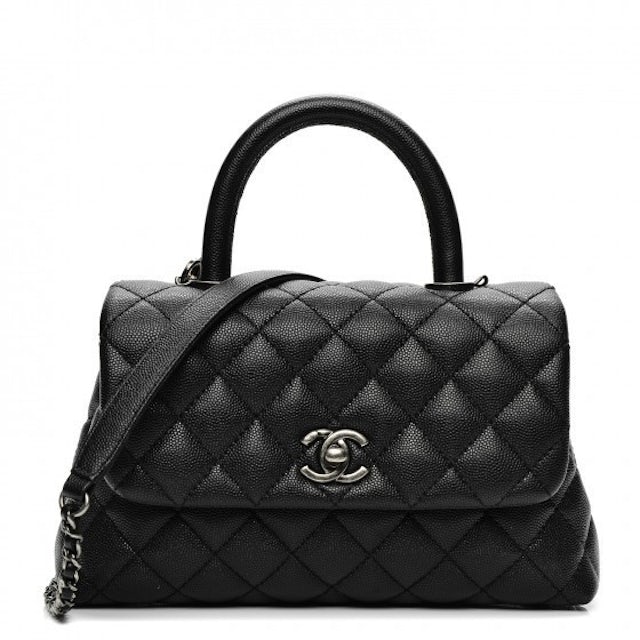 Chanel Coco Handle Bag Quilted Grained Caviar Ruthenium Mini Black - DE
