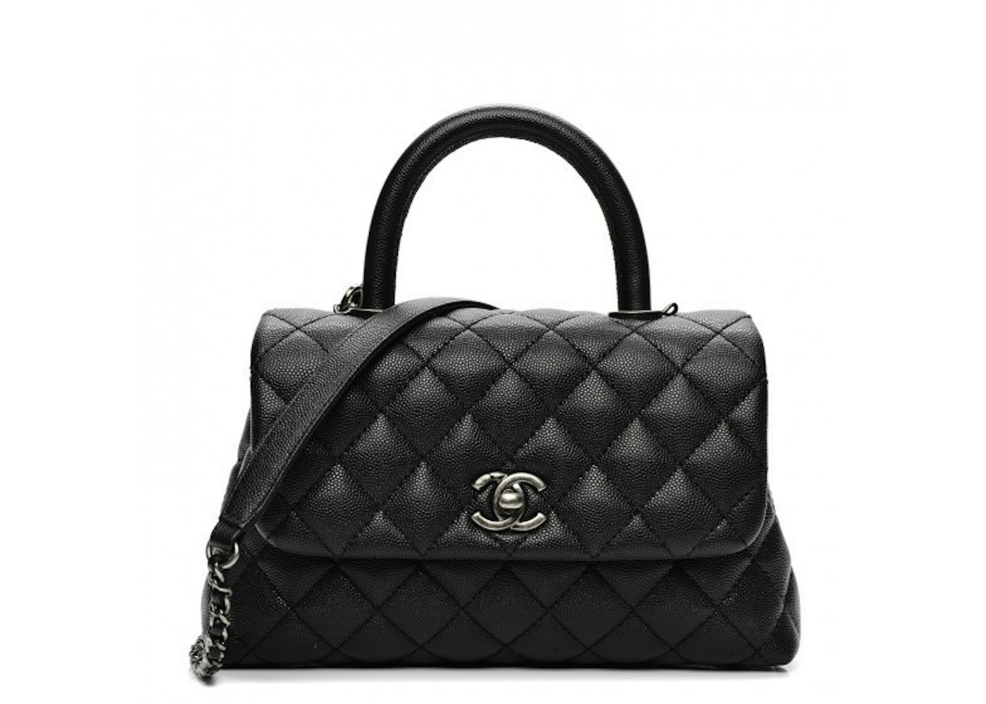 Chanel Coco Handle Bag Quilted Grained Caviar Ruthenium Mini Black