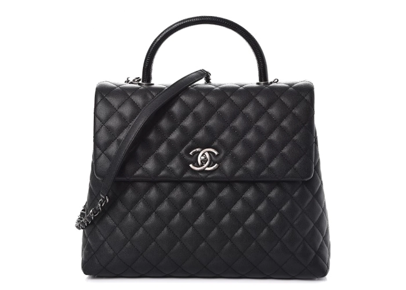 Chanel Coco Handle Flap Quilted Diamond Large Black in Caviar/Lizar with  Ruthenium - US