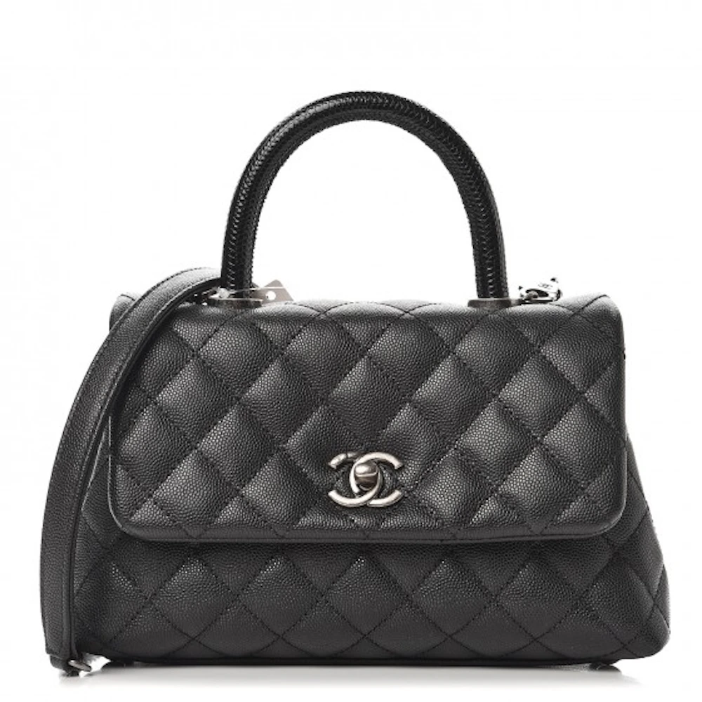 CHANEL Black Caviar Quilted Mini Top Handle Rectangular Flap