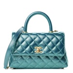 Chanel Coco Handle Flap Quilted Metallic Caviar Gold-tone Mini Turquoise