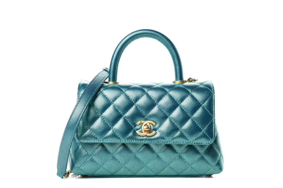 Chanel Coco Handle Flap Quilted Metallic Caviar Gold Tone Mini Turquoise In Caviar Leather With Aged Gold Tone Chanel Coco Handle Flap Quilted Metallic Caviar Gold Tone Mini Turquoise In Caviar Leather With Aged Gold Tone