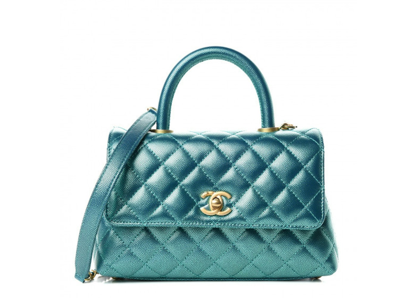 Chanel Coco Handle Flap Quilted Metallic Caviar Gold Tone Mini Turquoise In Caviar Leather With Aged Gold Tone Chanel Coco Handle Flap Quilted Metallic Caviar Gold Tone Mini Turquoise In Caviar Leather With Aged Gold Tone