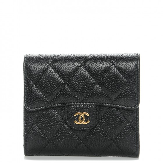 Chanel Flap Compact Wallet Quilted Caviar Gold-tone Black