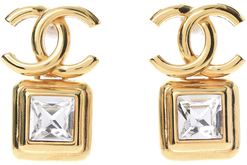 Chanel Crystal CC Drop Earrings Large Gold