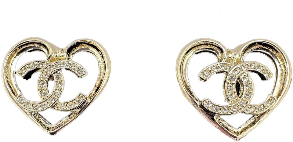 Chanel Crystal CC Logo Heart Stud Earrings ABA103 Light Gold
