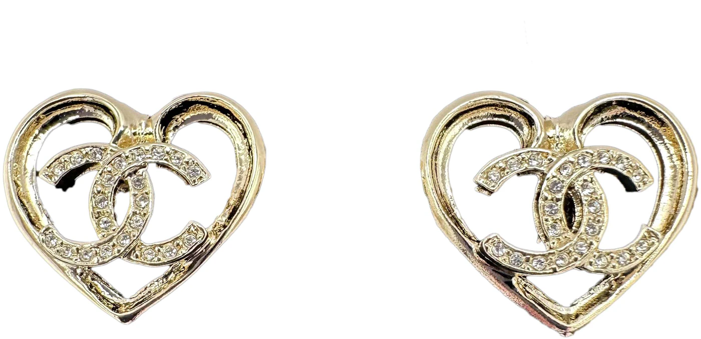 Chanel Crystal CC Logo Heart Stud Earrings ABA103 Light Gold
