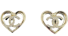 Chanel Crystal CC Logo Heart Stud Earrings ABA103 Light Gold/Crystal