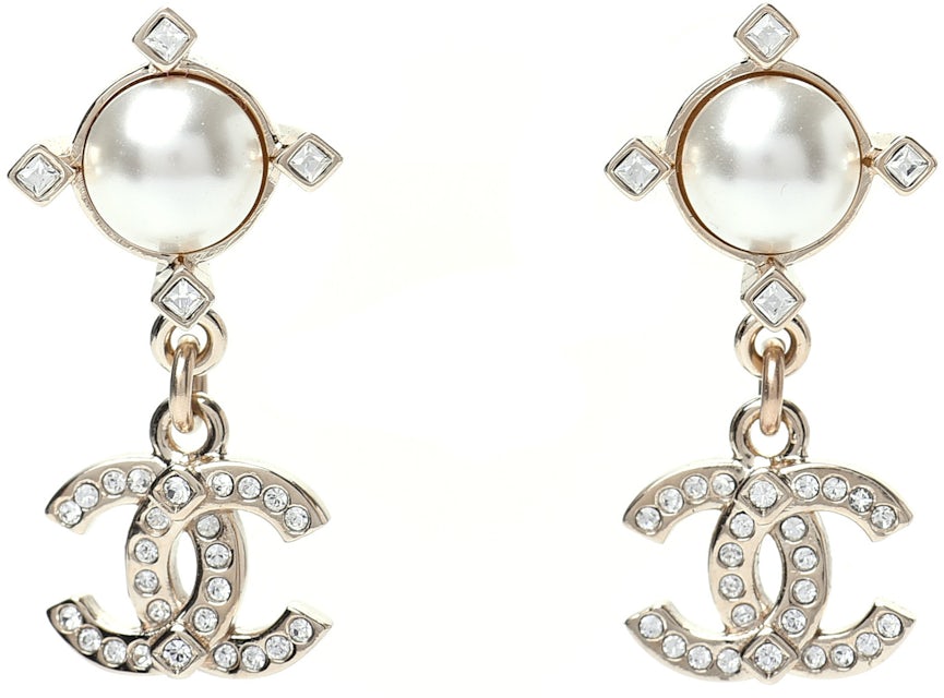 Chanel Crystal Pearl CC Drop Earrings Gold in Gold Metal/Pearl - GB