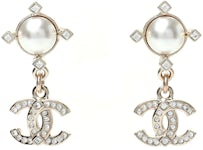 CHANEL Crystal Pearl CC Drop Hoop Earrings Gold Pearly White 547318