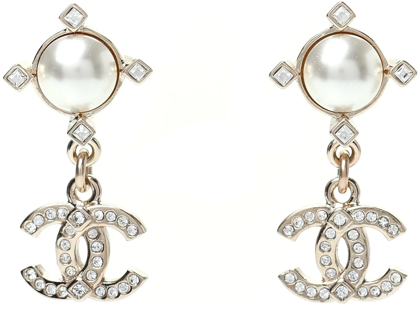 CHANEL Pearl Crystal CC Earrings Light Gold 1045148