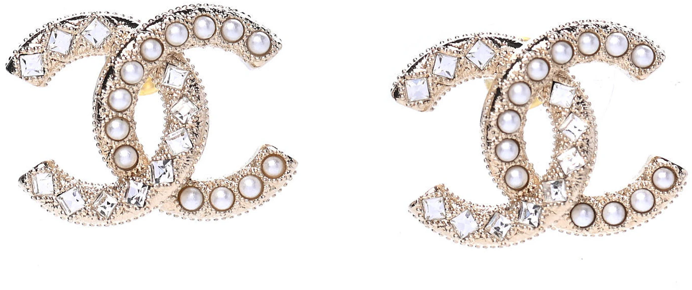 Chanel Gold CC Mini Pearl Crystal Clover Pearl Dangle Piercing Earrings at  1stDibs