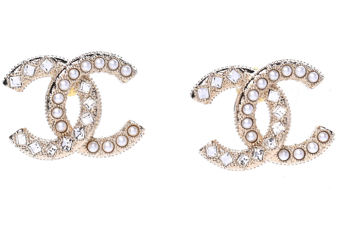 CHANEL Metal Graduated Pearl Crystal CC Earrings Light Gold 1177314