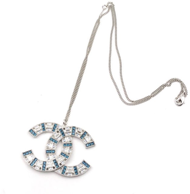 CHANEL Crystal CC Necklace Silver 