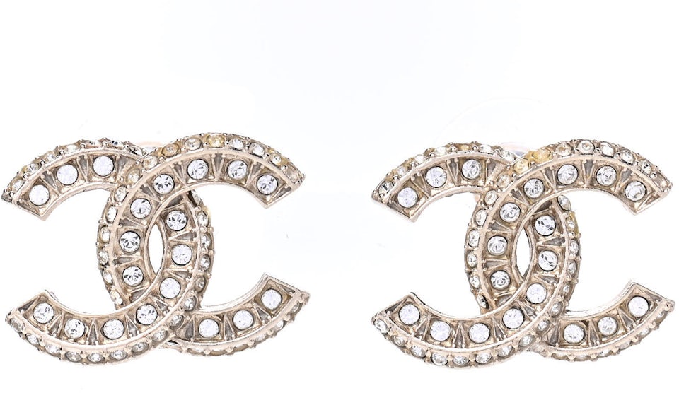Chanel Crystal Timeless CC Earrings Light Gold